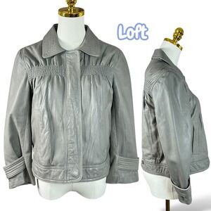 Ann Taylor Loft Grey Genuine Leather Smocked Jacket Womens Size 6 Snap Front